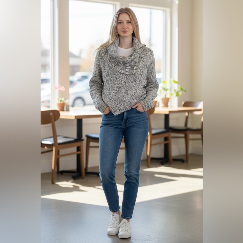 White House Black Market Gray Chunky Knit Zip Neck Sweater XS/S